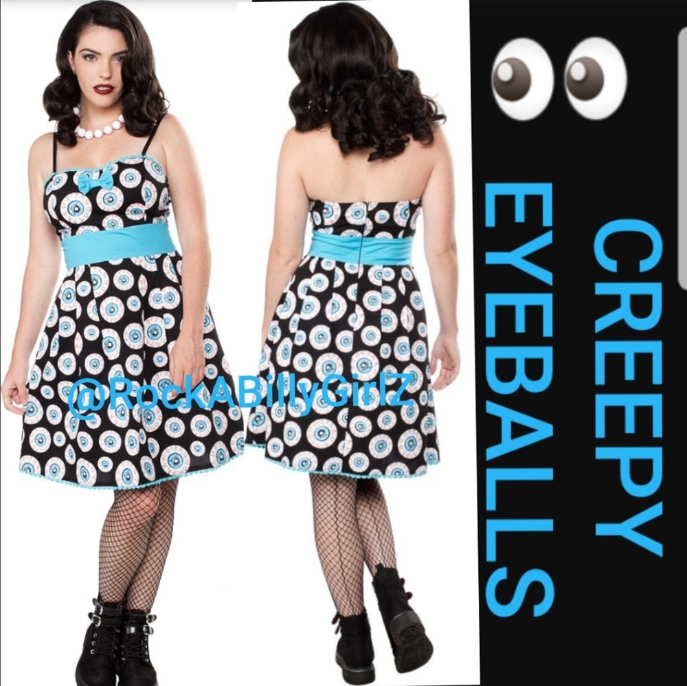 Sourpuss Eye Wanna Party FitnFlare Dress Eyeballs Big Blue Bow Removable Straps